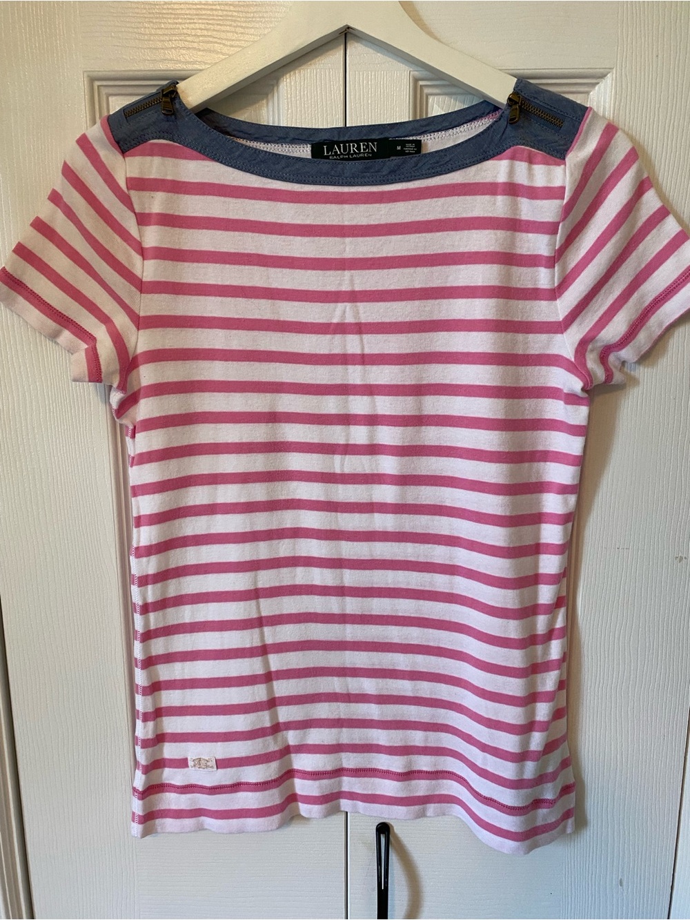 Ralph Lauren Pink White Striped Tee with Chambray Denim-Trim Neck Zippers
Size M